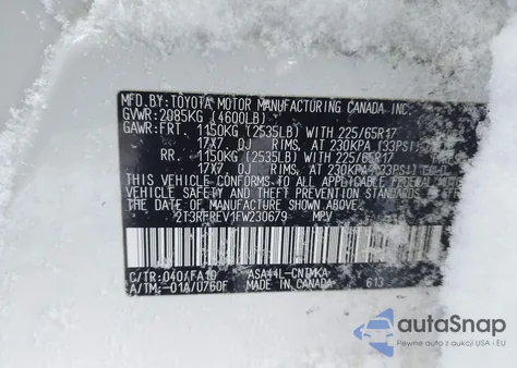 2015 Toyota Rav4 Xle z USA, uszkodzony, nr VIN 2T3RFREV1FW230679